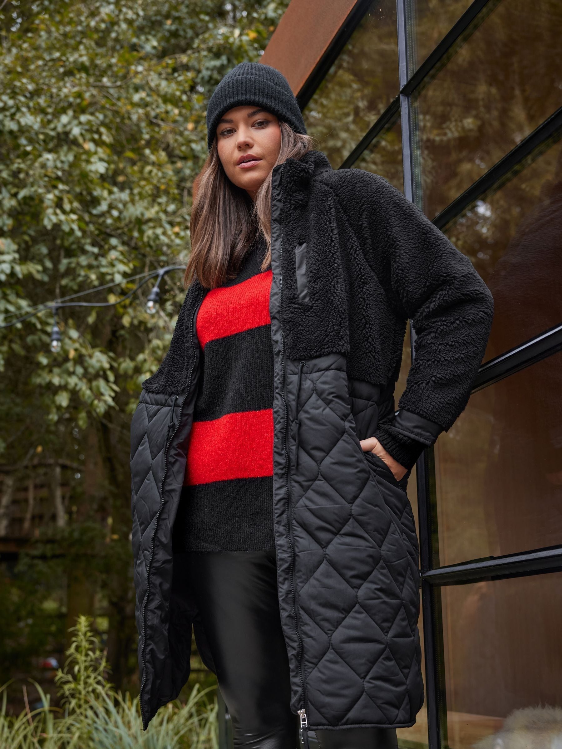 Buy Yours Curve Black Mixed Teddy Quilted Coat from Next USA