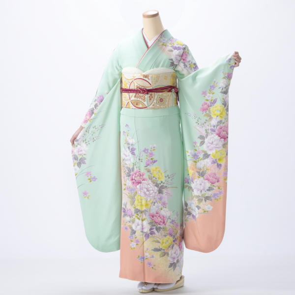 f0518047r2】【グリーン系】振袖 レンタル フルセット Lサイズ 【状態