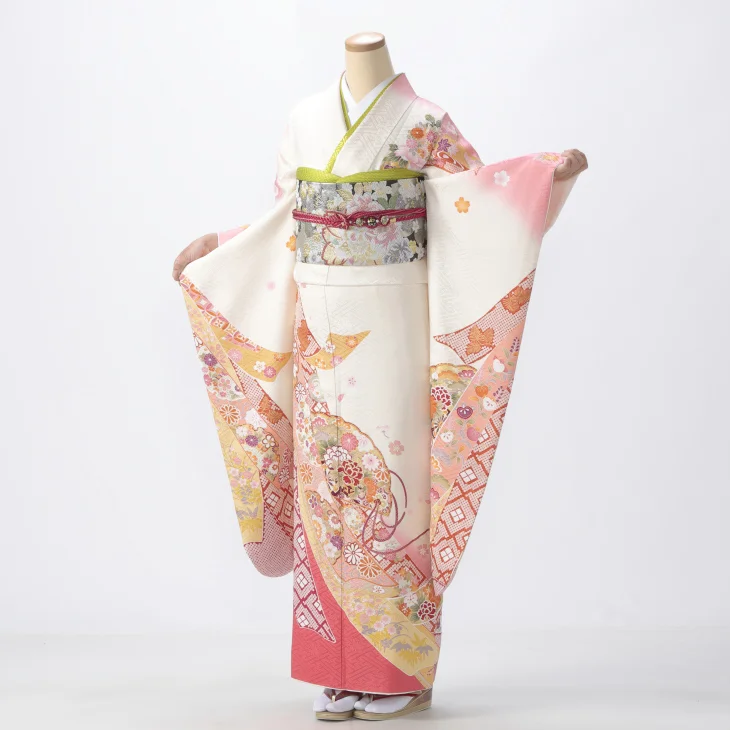 f0816001r】【白・グレー系】振袖 レンタル フルセット Mサイズ 【状態