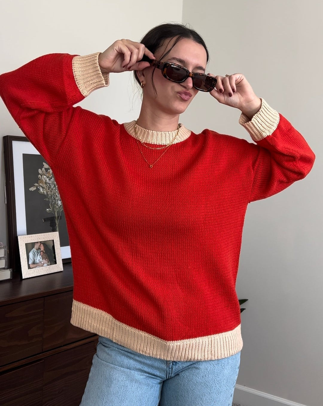 ZESICA Long Sleeve Crew Neck Contrast Color Loose Sweater Top – zesica