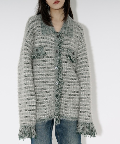 Ezick カーディガン tweed knit fringe cardigan ツイードニット襟付き