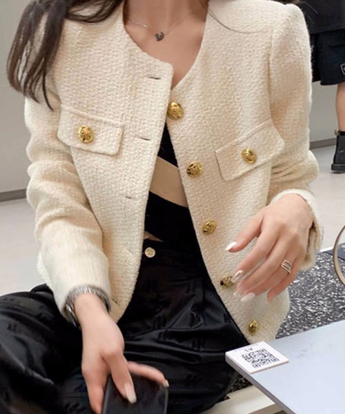 ジャケット ノーカラージャケット ゴールドボタンツイードジャケット