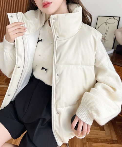 moment+ ダウンベスト ベスト フェイクソフトレザースタンドカラー