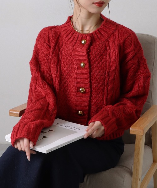 カーディガン antique button cable knit cardigan /アンティーク調 金
