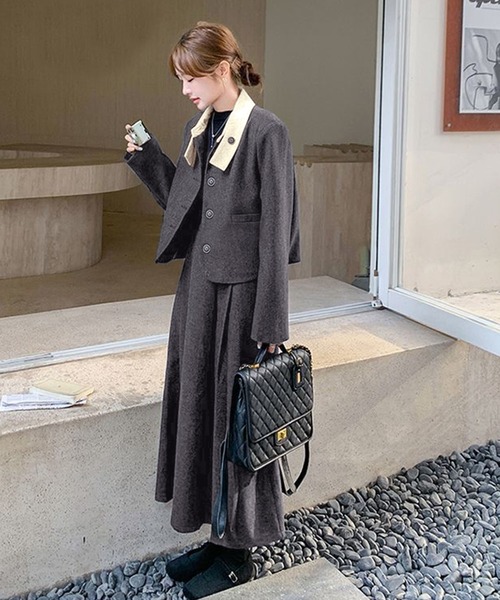 セットアップ 2点セットアップ 配色衿ショート丈ジャケット＆タック