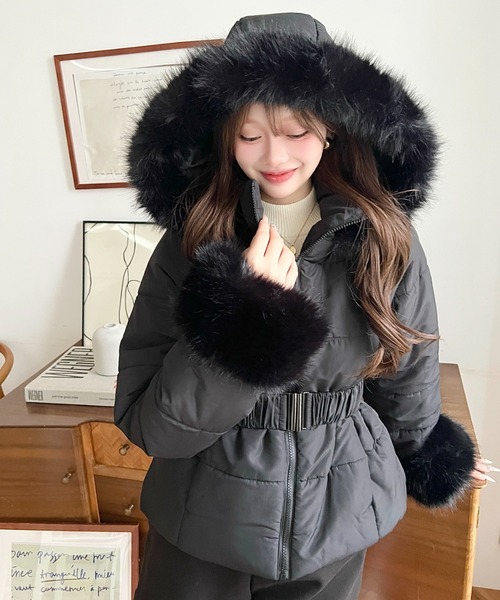 moment+ ダウンコート ダウンジャケット ウェストベルト付きフード