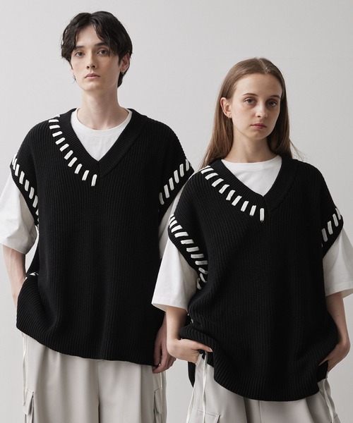 CLEL（クレイル） ベスト ジレ 「CLEL」Hand Stitched Side Lace Knit