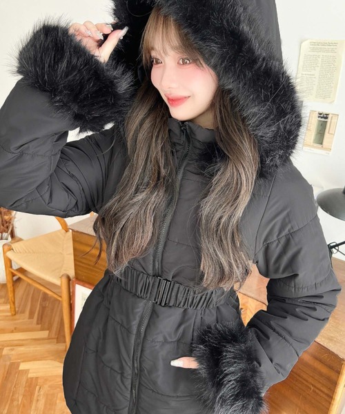 moment+ ダウンコート ダウンジャケット ウェストベルト付きフード