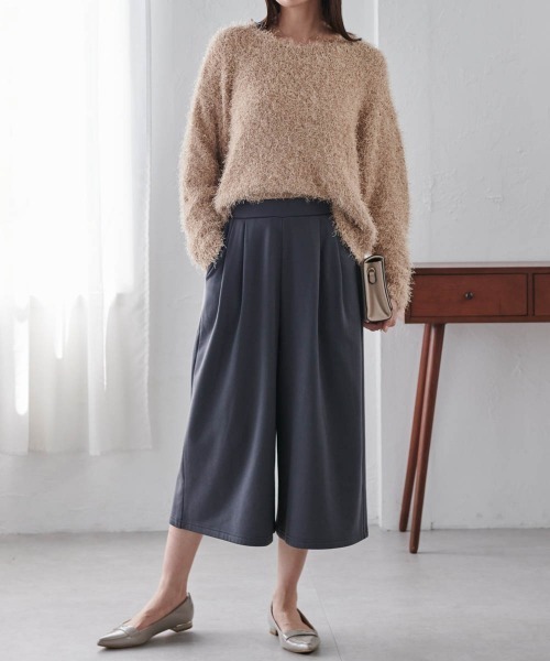 RANAN（ラナン） パンツ 裏起毛クロップド丈2タックワイドパンツ
