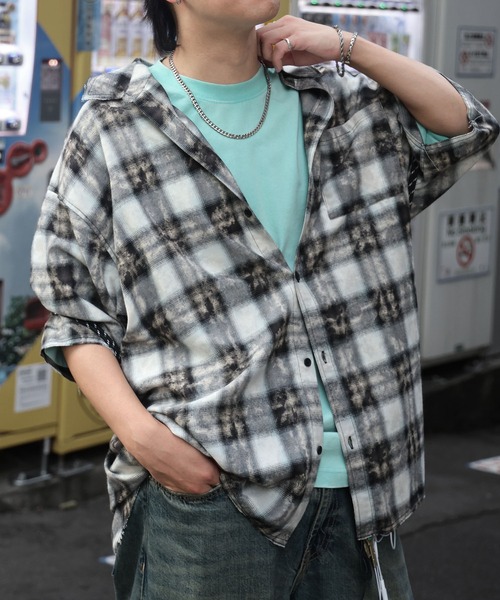 シャツ 25SS ウォッシュ加工 半袖チェックシャツ カットオフ グランジ