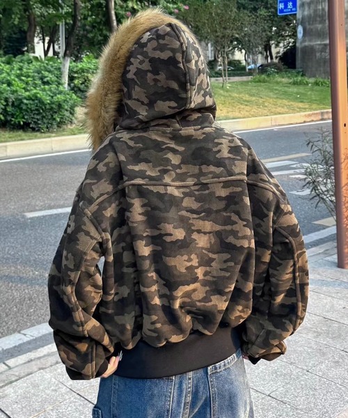 SHEENA（シーナ） ブルゾン アウター カモフラ柄ボア切替ファーフード