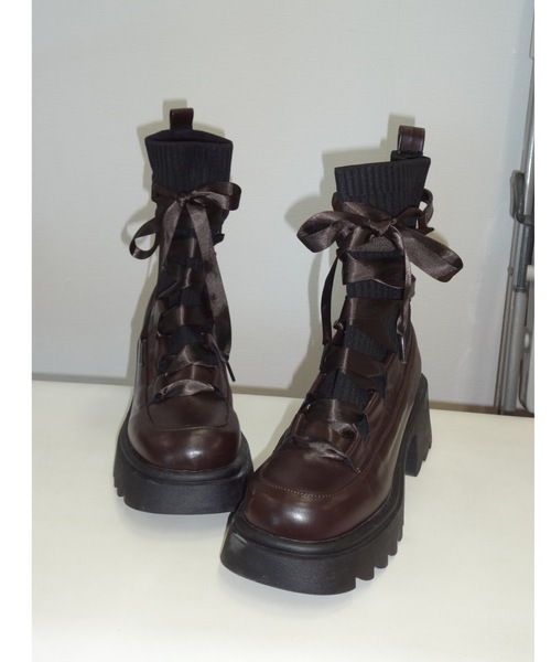 ブーツ lace up socks boots/リボン編み上げ厚底ブーツ レディース