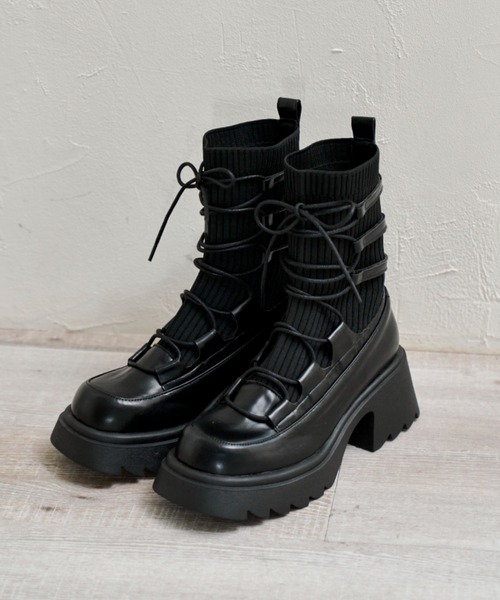 ブーツ lace up socks boots/リボン編み上げ厚底ブーツ レディース