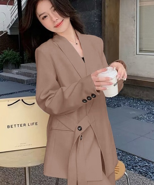 セットアップ ベルトデザインテーラードジャケット+パンツ 2点セット