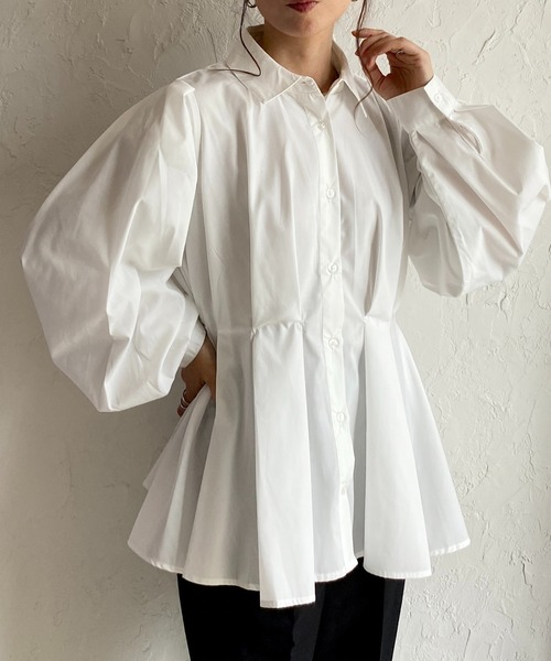 She's Closet ブラウス シャツ ウエストタック長袖パフスリーブフレア