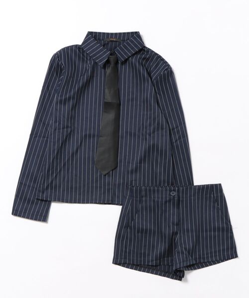 セットアップ ストライプ柄シャツ+ショートパンツ+ネクタイ 3点セット