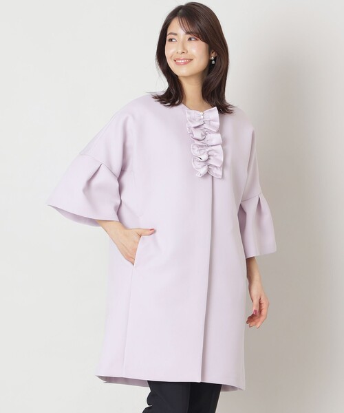 SCARF ノーカラーコート コート ベルスリーブフリルコート レディース