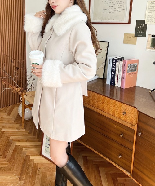 moment+ ステンカラーコート コート ファーティペット付きミドル丈