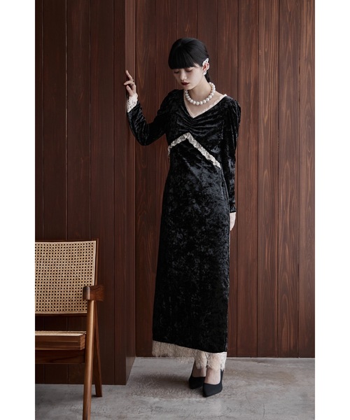 etoll.（エトル） ドレス クラッシュベロアランジェリー風ドレス