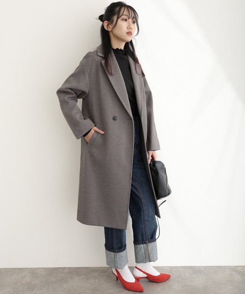 ElegChic コート チェスターコート 家で洗えるヘリンボーン柄 コート