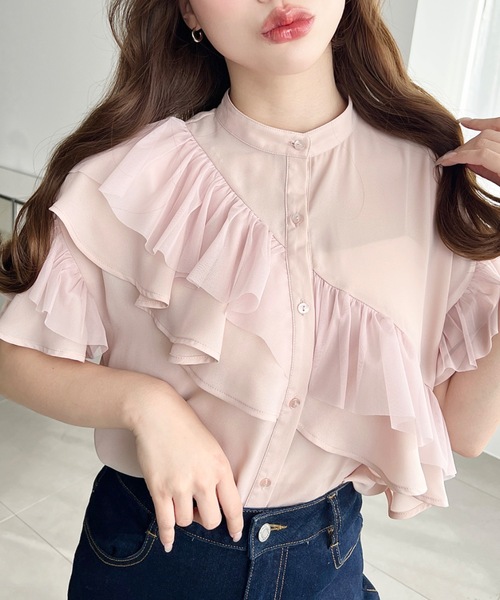 moment+ ブラウス シャツ シフォンジョーゼット半袖ダブルフリル