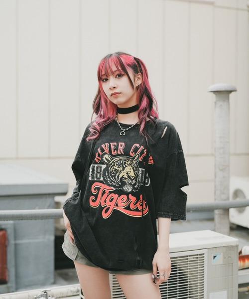 DEVICE（デバイス） tシャツ タイガー スカル 髑髏 プリントダメージ