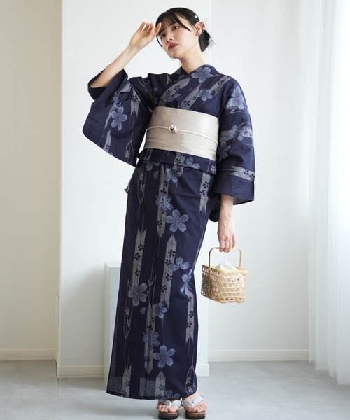 utatane 浴衣 浴衣3点セット 綿麻×紅梅 藍色に桜矢絣 レディース