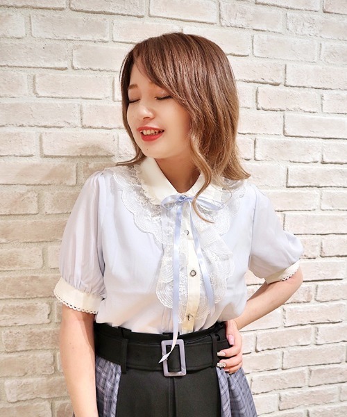 axes femme POETIQUE シャツ ブラウス レースラッフルフリル半袖BL