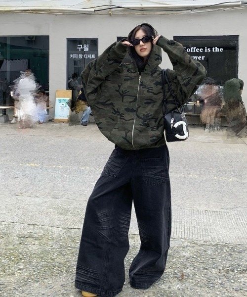 パーカー オーバーサイズカモフラ迷彩ジップパーカー レディース