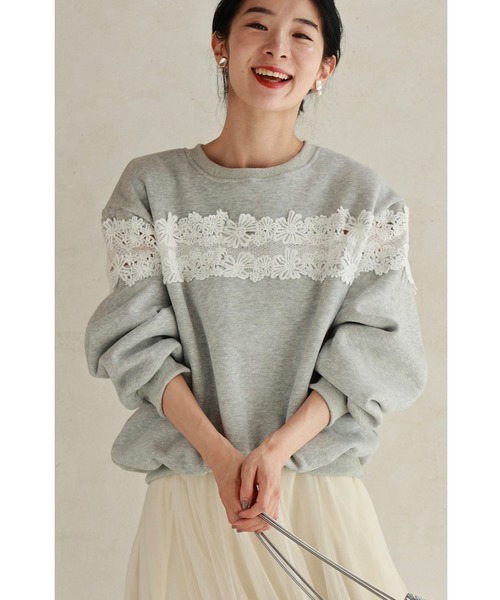 cawaii トレーナー スウェット 流れ咲く白花レースの裏起毛プル
