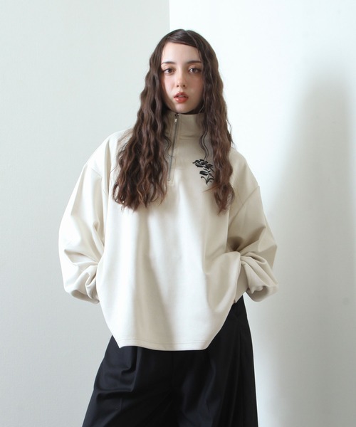 Nilway（ニルウェイ） tシャツ スエード ハーフジップ 長袖 薔薇 刺繍