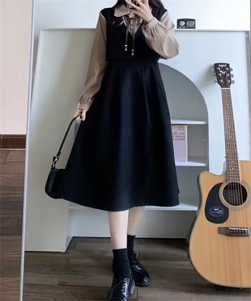 FREE STYLISTS ワンピース バイカラー 襟リボン セットアップ風フレア