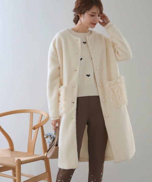 MERAKI ノーカラーコート コート チュールポケットロングコート