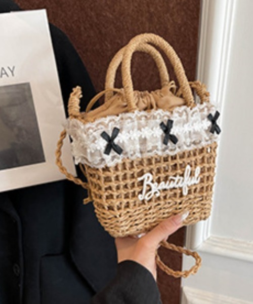 かごバッグ カゴバッグ 2way レースデザイン ストローショルダーバッグ
