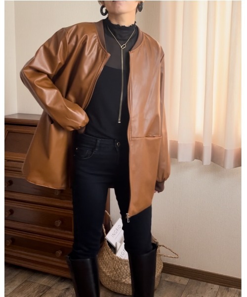 レザージャケット ライダース PUノーカラージャケット レディース
