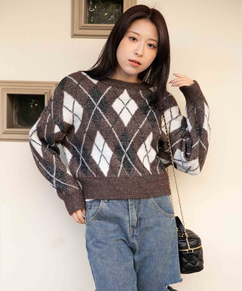 ニット セーター 「アーガイル×ラメMIX」レディース シャギーニット