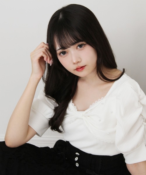DearMyLove tシャツ パールリボンリブトップス レディース : ZOZOTOWN