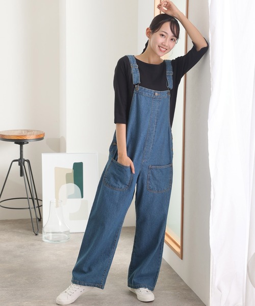 ElegChic サロペット オーバーオール フロントダブルポケットデニム