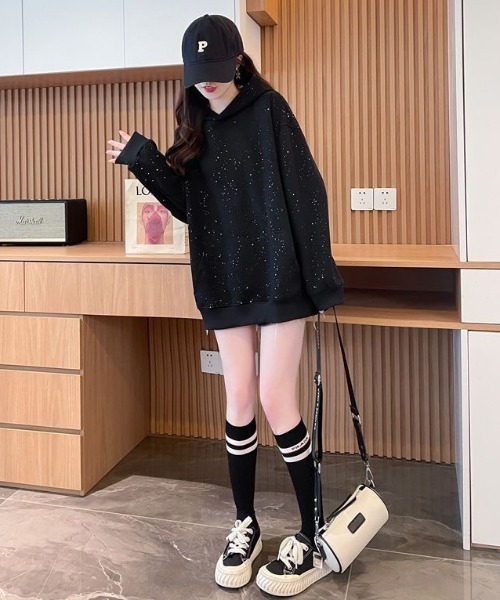 パーカー ラメグリッターオーバーサイズフーディー/キラキラパーカー