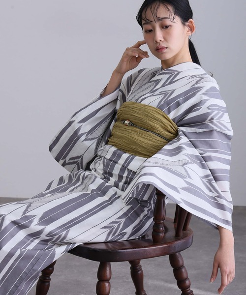 yulie 浴衣 大人浴衣2点セット洗える 綿麻帯 兵児帯 女性 黒 選べる