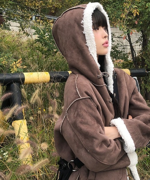 anyonemore ムートンコート ボアコート フード付きスエード調ダッフル