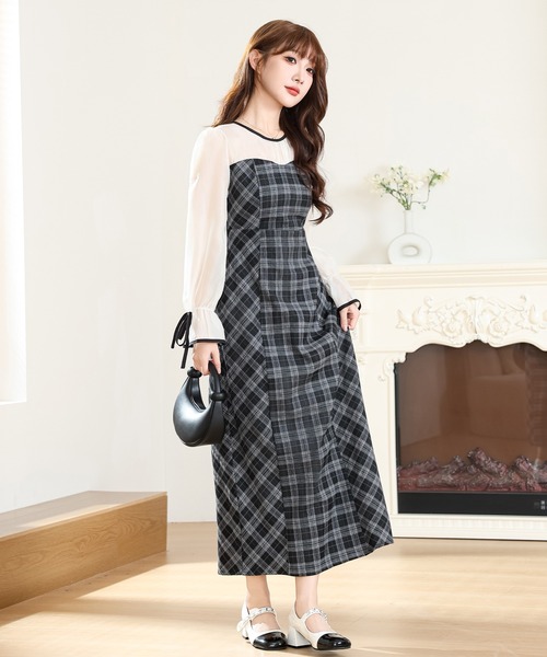 Anely ワンピース 配色 チェック柄 ドッキング ロング ワンピース