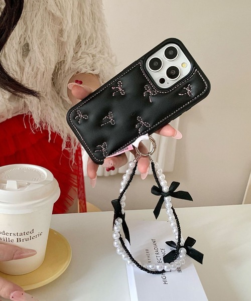スマホケース チャーム付き リボン / ハート キルティング フェイク