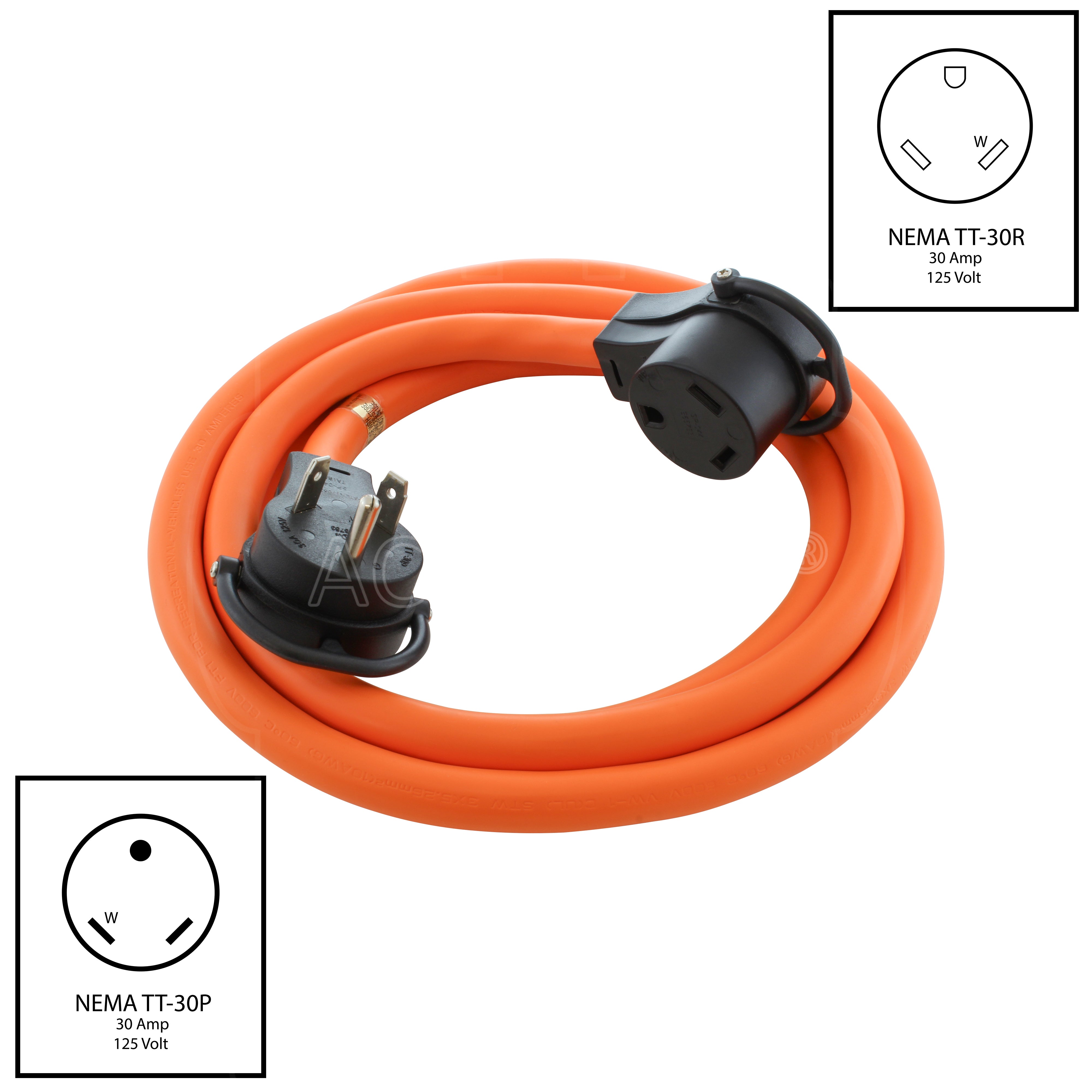 TT30PR] Orange Color 30A 125V NEMA TT-30 RV Extension Cord With
