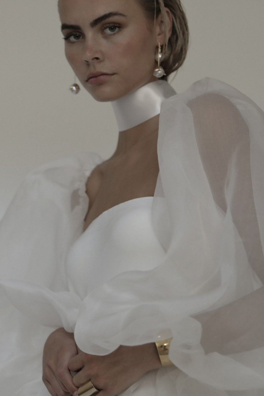 Bardot Bridal Earrings | Sculptural Gold & Pearl Strand | A.B. ELLIE