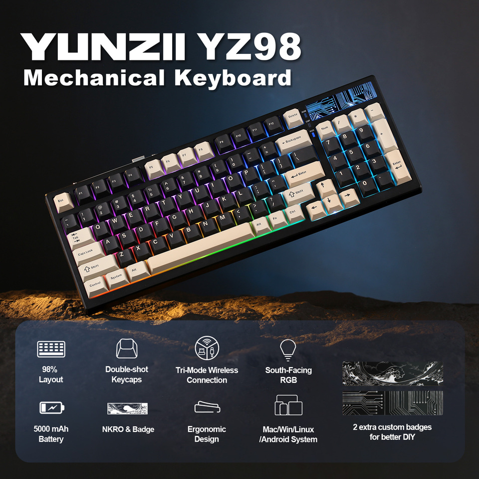 メカニカルゲーミングキーボード,YUNZII-YZ98,黒,99キー,ホット
