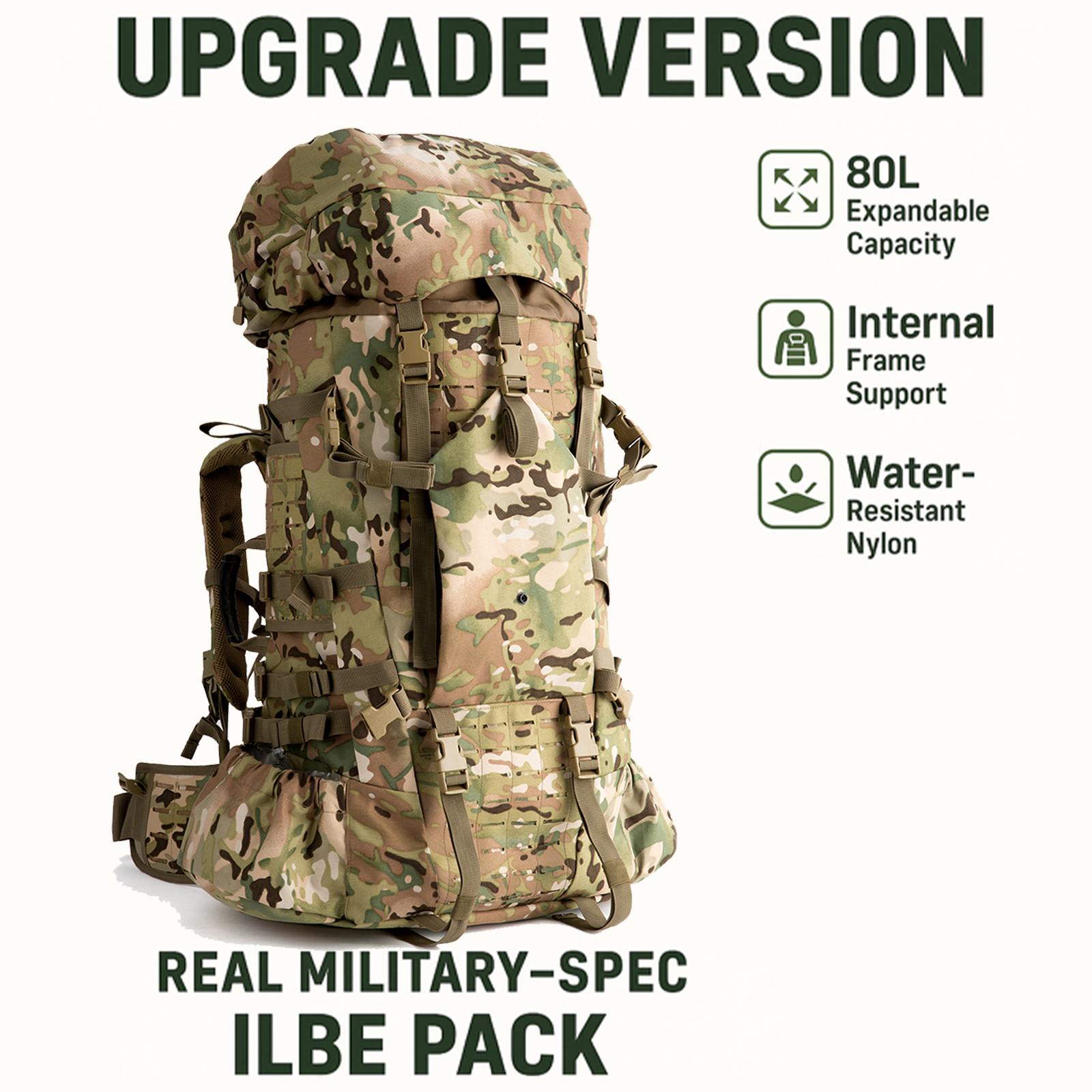 Upgraded ILBE Main Pack with Laser-Cut MOLLE – Multi-Terrain Camo