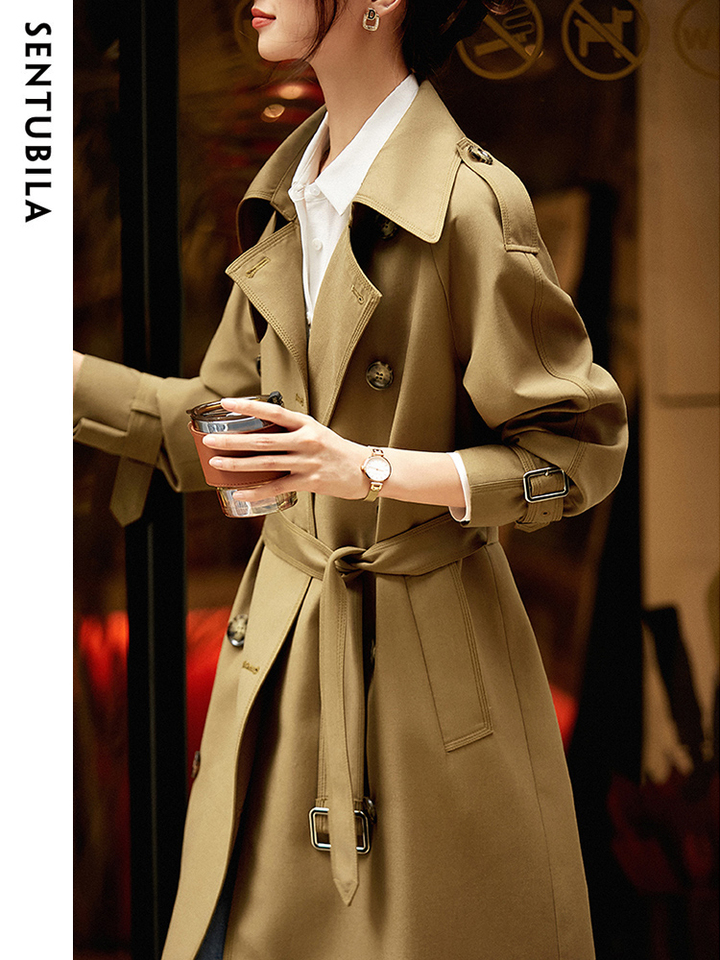 SENTUBILA Women's Belted Trench Coat Elegant Long Windbreaker