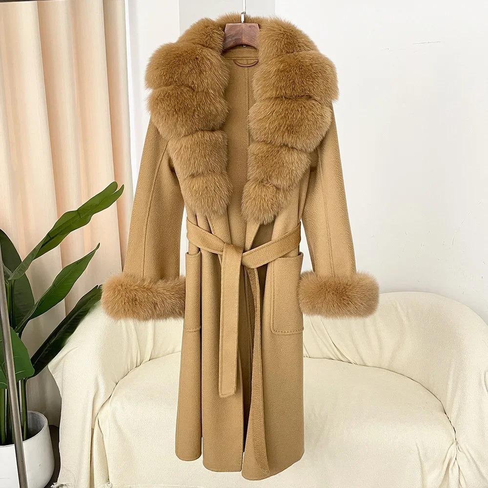 2024 Natural Fox Fur Collar Real Fur Coat Winter Jacket Women Belt