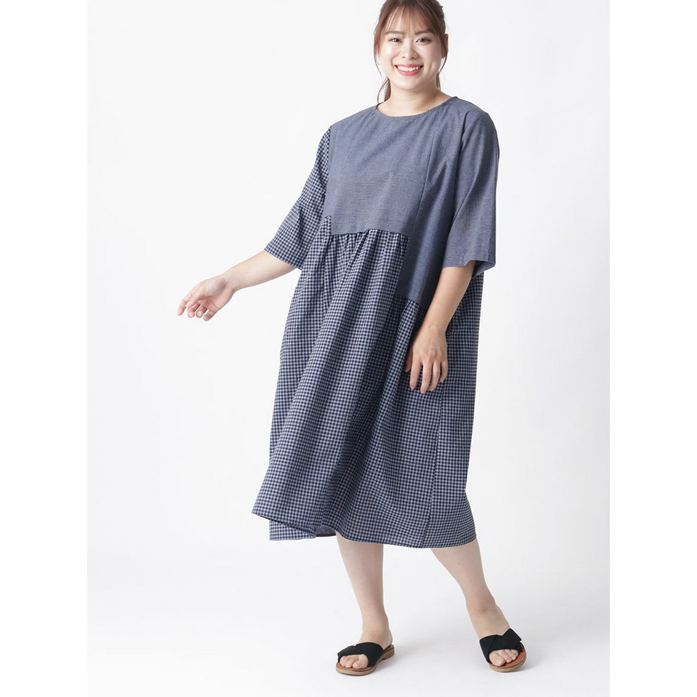 3L-8L】千鳥格子×ギンガムチェックアシンメトリー切替ワンピース